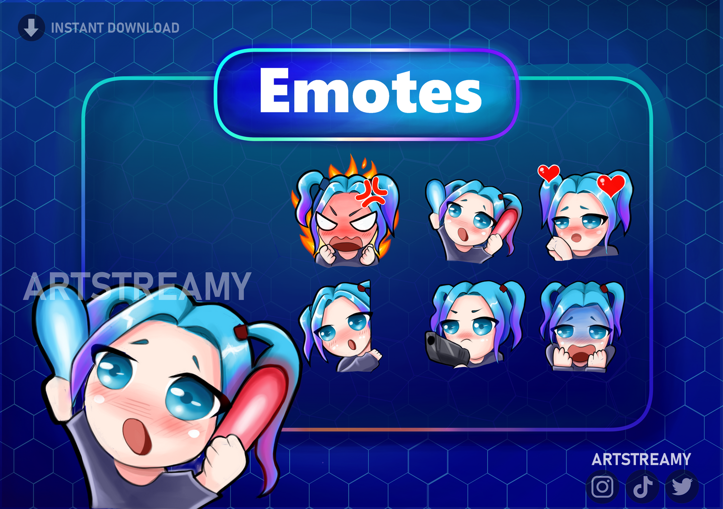 Cute Girl with Blue Hair Twitch Emote – Digital Art Pack