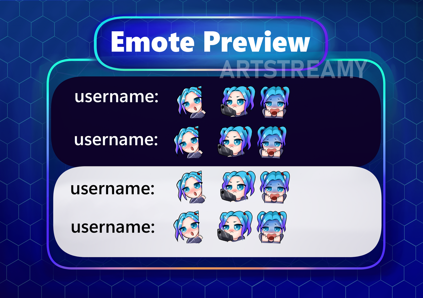 Cute Girl with Blue Hair Twitch Emote – Digital Art Pack